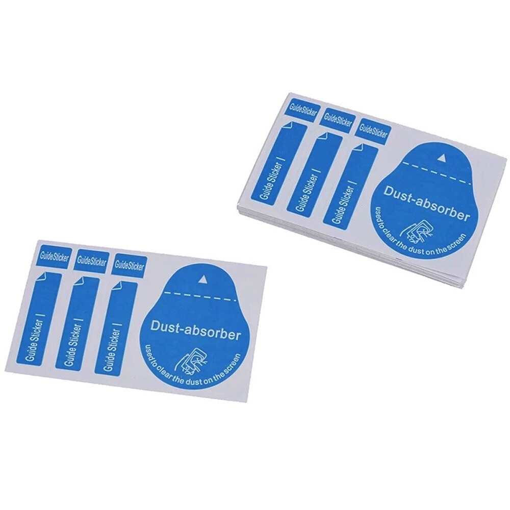 50 Stuks Blauw Stofverwijdering Telefoon Scherm Schoonmaken Tool Alle Mobiele Telefoons 3 In 1 Dust-Absorber + Gids sticker Clear Stof Op Scherm