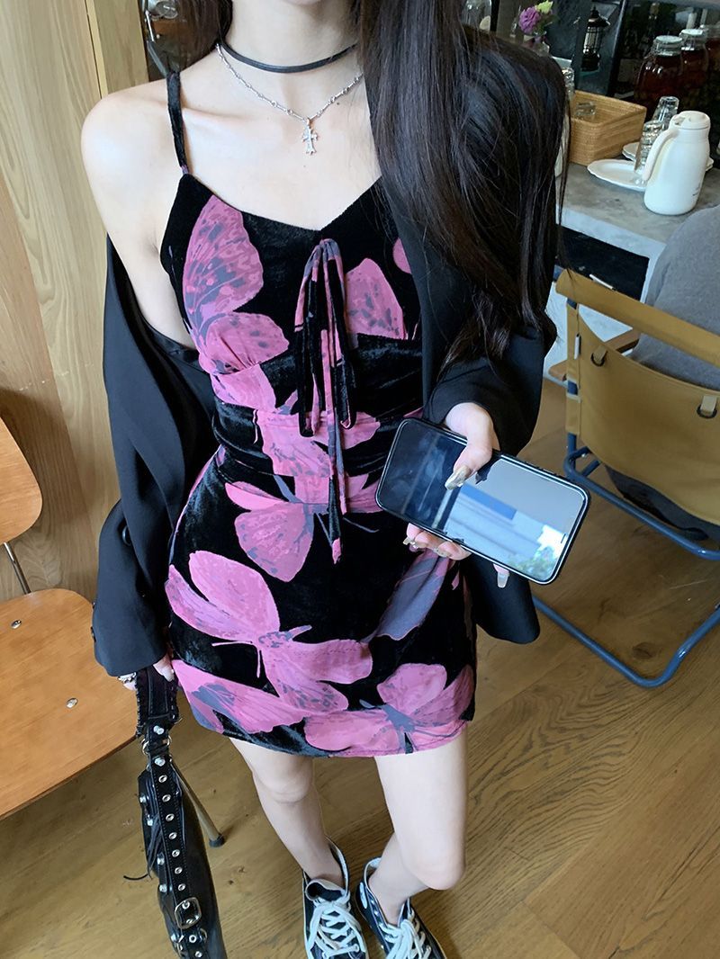 Sommerfugleprintede kjoler til kvinder mini sexet ærmeløs hofteindpakket fransk stil dame sommer streetwear 3xl fest ømme