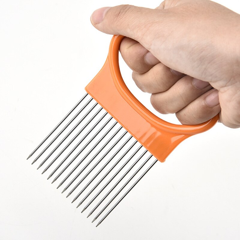 Stainless Steel Easy To Cut Holder Fork + Vegetable Plastic Cutter Tomato Slicer Onion Metal Meat Cutter Needle Kitchen Gadget