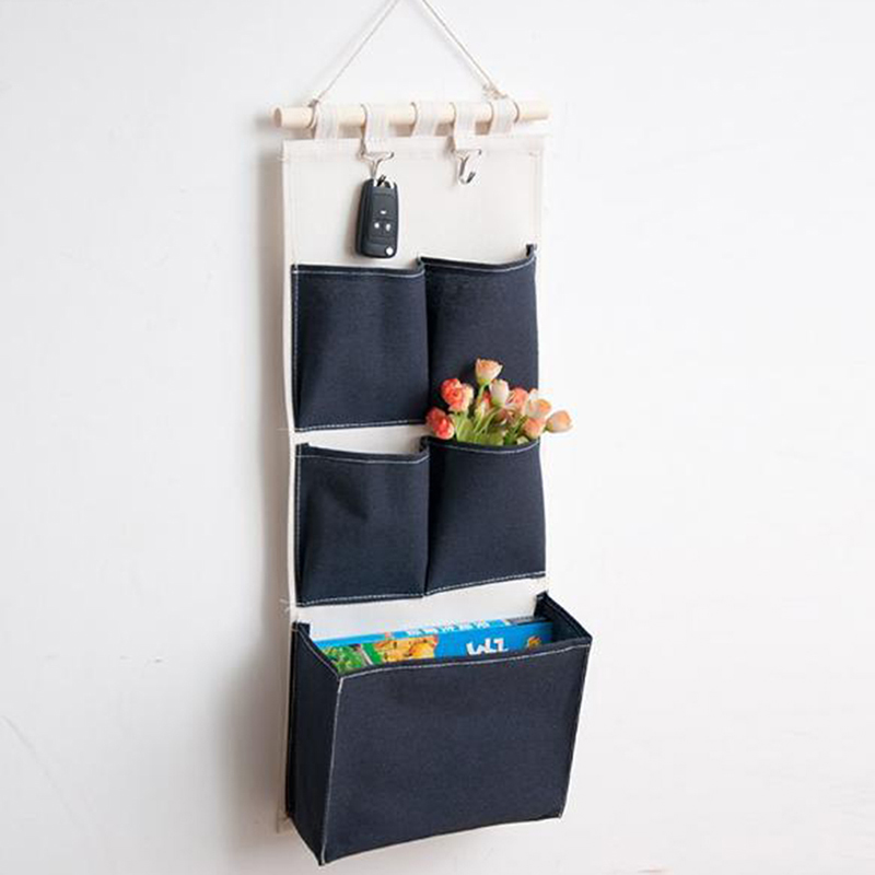 Canvas Printing Cotton Linen Hanging Storage Bag 5 Pockets Wall Mounted Wardrobe Hang Bag Wall Pouch Cosmetic Toys Organizer