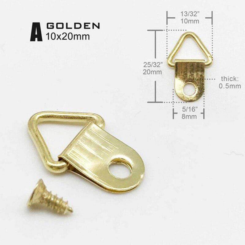 100Pcs Picture Hangers Golden Brass Triangle Photo Picture Frame Wall Mount Hanger Hook Hanging Ring Iron with screws