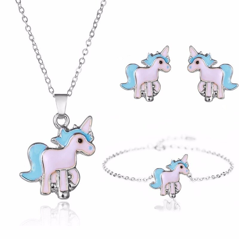 4 teile/satz Halskette Ohrringe Karikatur Einhorn Halskette Ohrring Schmuck Rosa Mädchen Schmuck Schmuck Ohrring und Halskette einstellen: 2