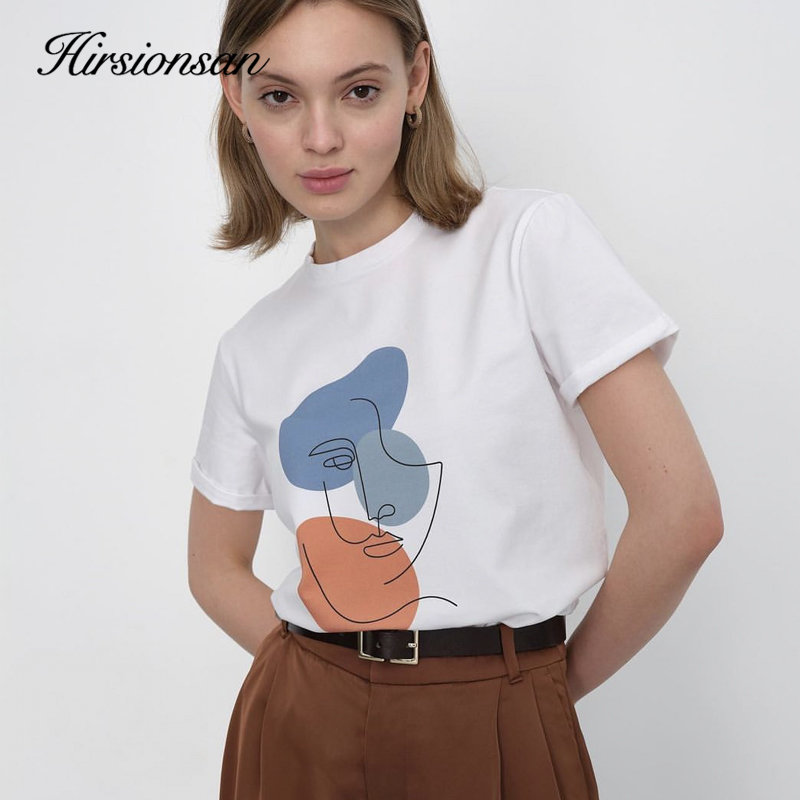 Hirsionsan abstrakt print t-shirt til kvinder sommer oversized 100%  bomuld t-shirts afslappet løs æstetisk t-shirt o-hals toppe
