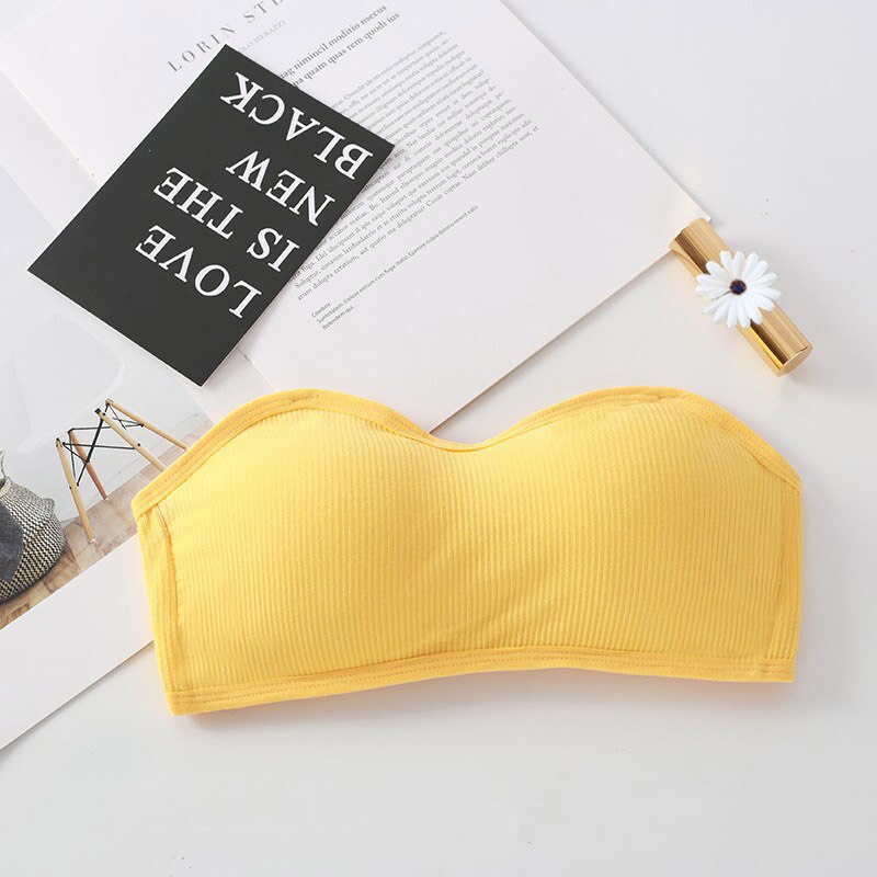 Women Push Up Padded Seamless Underwear Cotton Tube Tops Back Closure Strapless Bra Top: Yellow