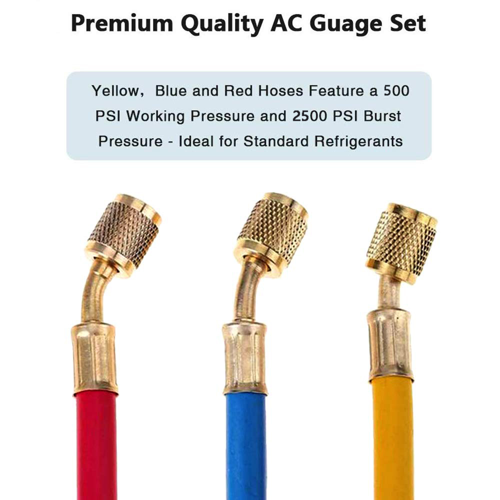 Air Conditioning Pressure Gauge with Hose and Hook 3 Way AC Diagnostic Manifold Gauge Set for Freon For R12 R32 R404A R134a