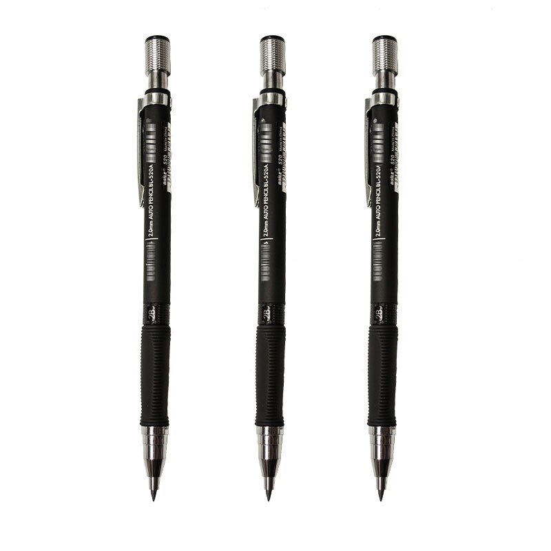 Automatic Mechanical Pencil 2.0mm Thick Writing Point Pencil Drawing Painting Black Refills School Office Stationery: 3 Pens Black