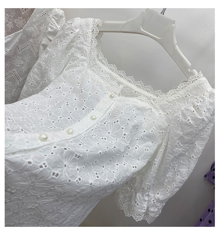 Chic broderi blondebluse kvinder toppe sommer udskæring vintage fransk firkantet krave kausal hvid skjorte kvinder blusas