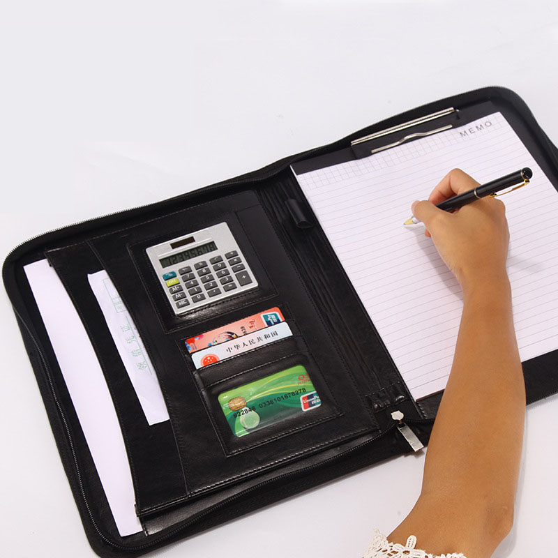 A4 fichario dokumentmapp pärm padfolio portfölj anteckningsbok med miniräknare handtag dragkedja pu läder kontorschef fodral