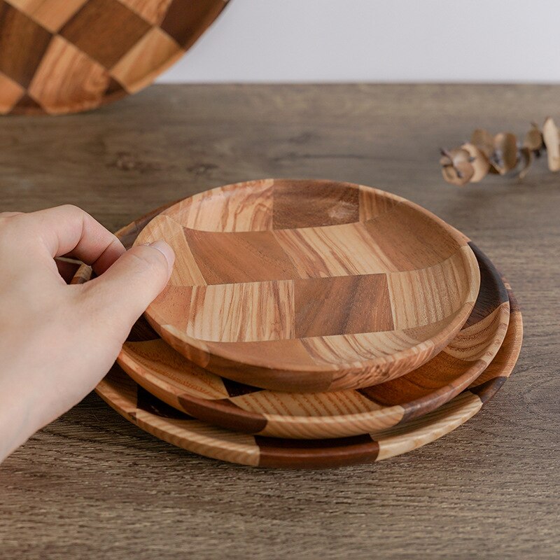 Grid Pattern Solid Wood Pan Plate Fruit Dishes Saucer Tea Tray Dessert Dinner Bread Wood Plate