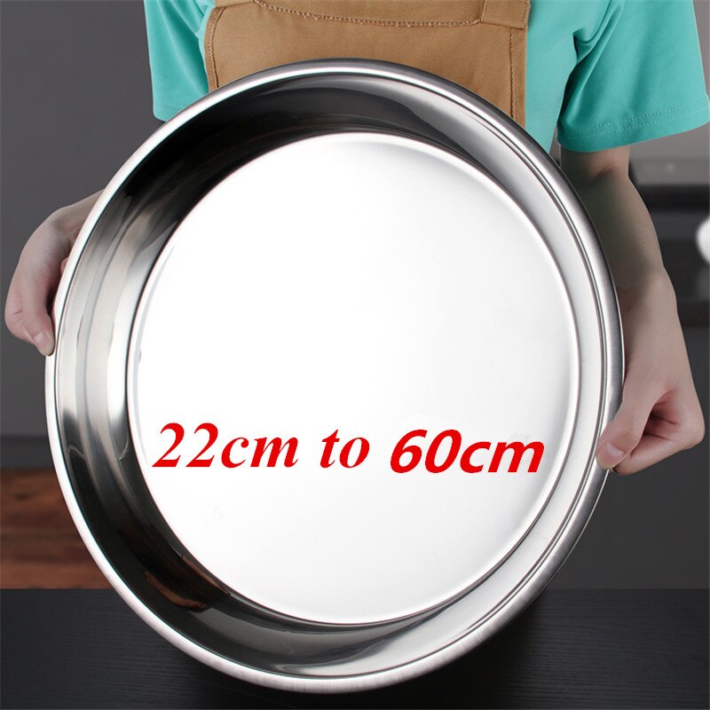 Grote Roestvrijstalen Dikke Platte Ronde Schotel Lade Lader Platen Zilveren Dienblad Cake Metalen Diepe Plaat Diner Schotel Plaat sets