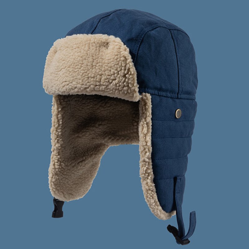 Ht3425 vinterhatt tjock varm berber fleece trapper öronlock lock män kvinnor lammull rysk hatt manlig kvinnlig bomber hatt: Marinblå