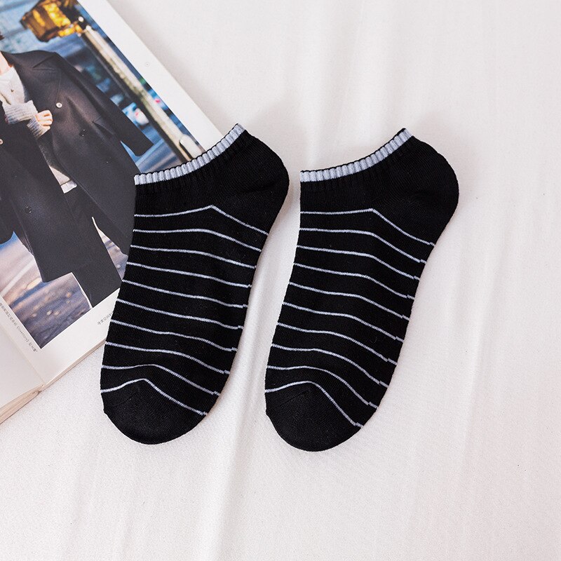 1pair Summer Men Socks Short Ankle Socks Cotton College Style Lines Black Casual Sock Size 39-43: Black