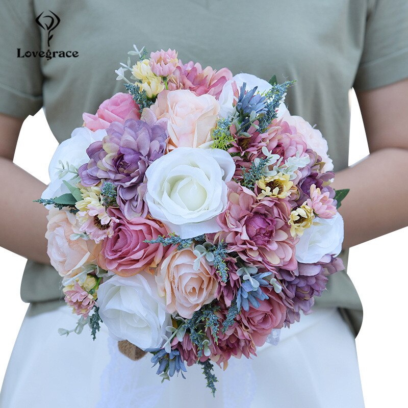 Braut Hochzeit Seide Blume Strauß Blau Rosa Künstliche Rose Blume Strauß für Braut Künstliche Blume Braut Hand Halfter Flore: Rosa