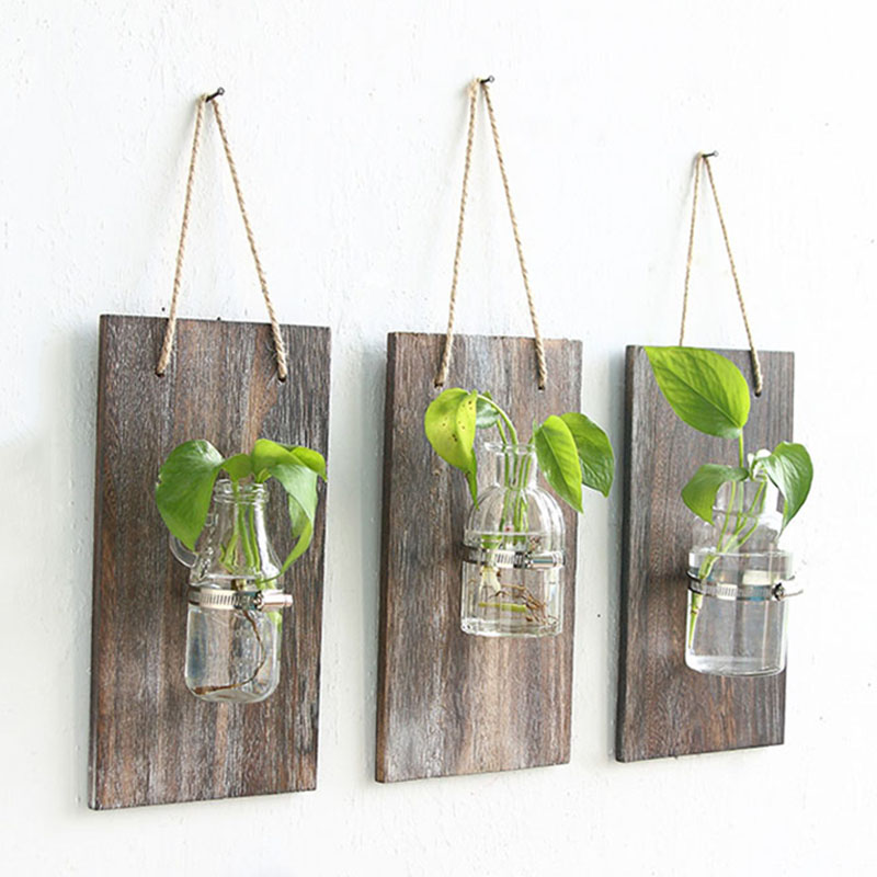 Vase mural en verre Vintage bois suspendus Pot de fleur hydroponique plante mur planteur maison salon Restaurant décor mural