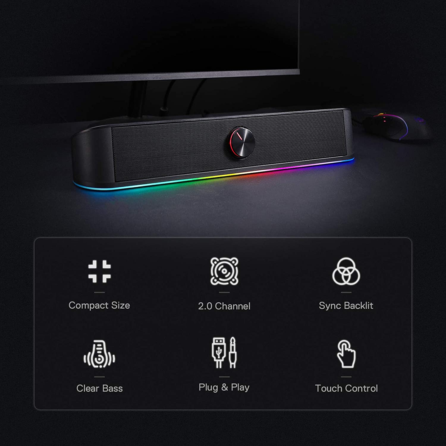 Redragon GS560 RGB Desktop Soundbar 2.0 Channel Computer Speaker Dynamic Lighting Bar Audio-Light Sync/Display Touch