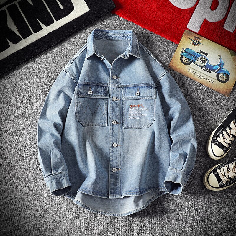 Fashionable men's denim shirt long-sleeved large size cotton denim cardigan casual slim-fit shirt men's two pockets clothes 5XL: Light blue / L