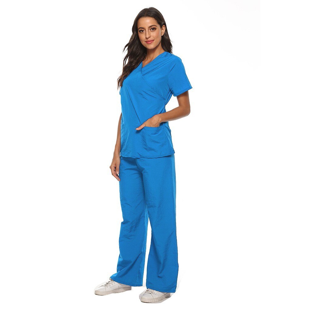 Women Short Sleeve V-neck Tops+Pants Nursing Working Uniform Set Suit Pocket Washable Reusable Uniform Overalls Clothes