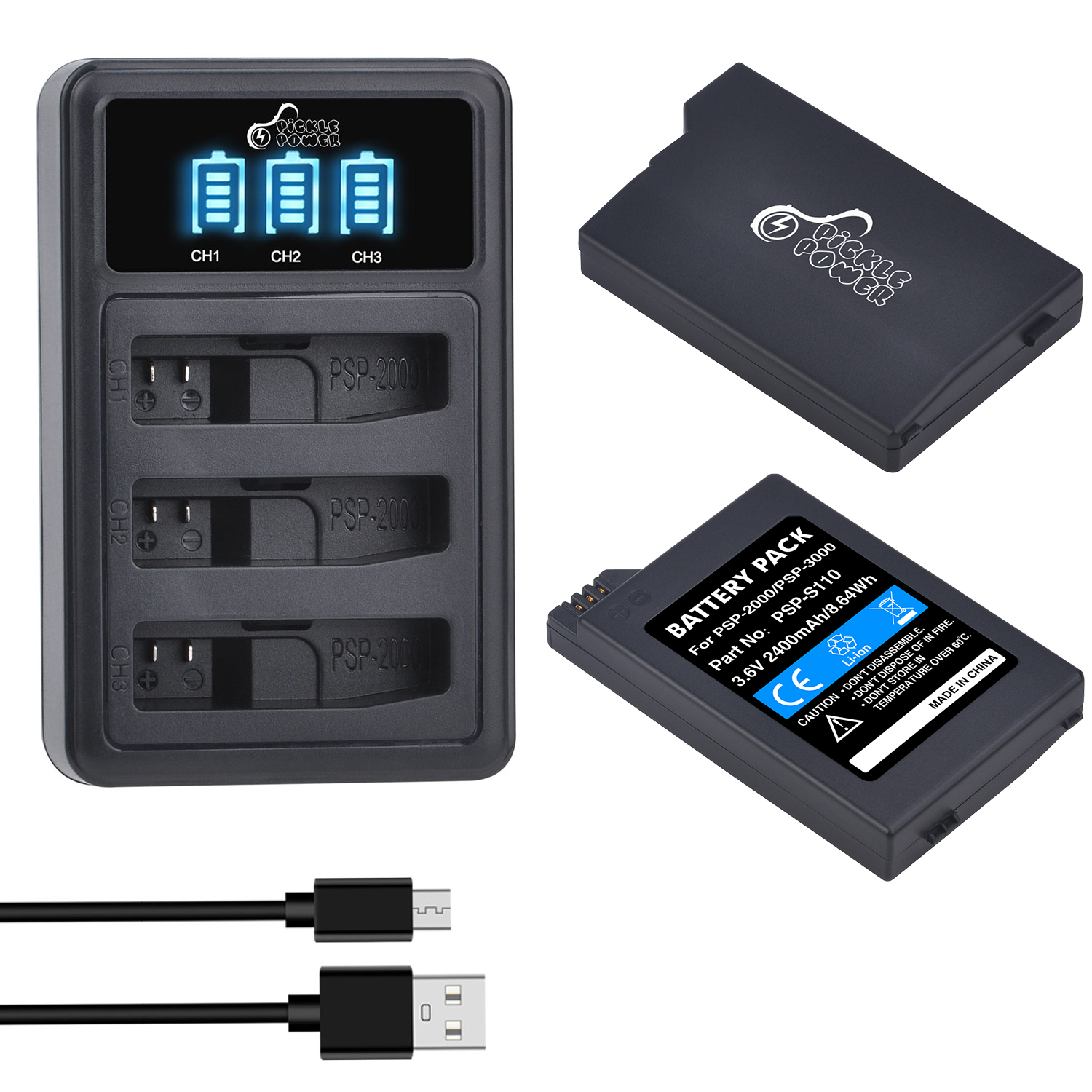 Pickle Power 2400mAh PSP2000 Battery +LED 3 slots USB Charger for Sony Portable Gamepad PSP3000 PSP S110 PSP2001 PSP2002 PSP3001: 2 battery 1 charger
