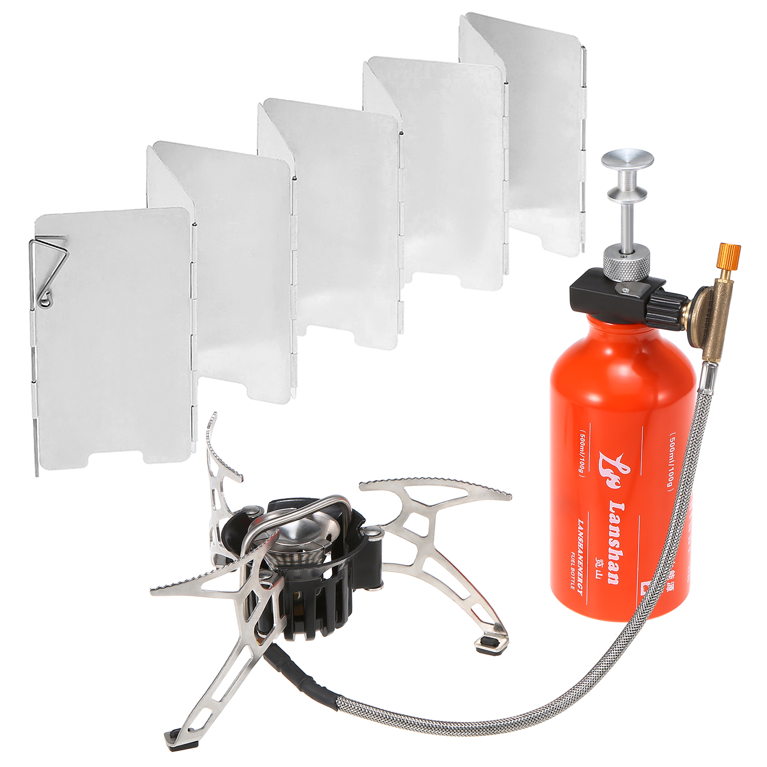 Réchaud de Camping multi-carburant avec bouteille d&#39;essence de 500ml et 9 plaques, pare-brise, pare-brise, Diesel, alcool, Camping en plein air: with windshield