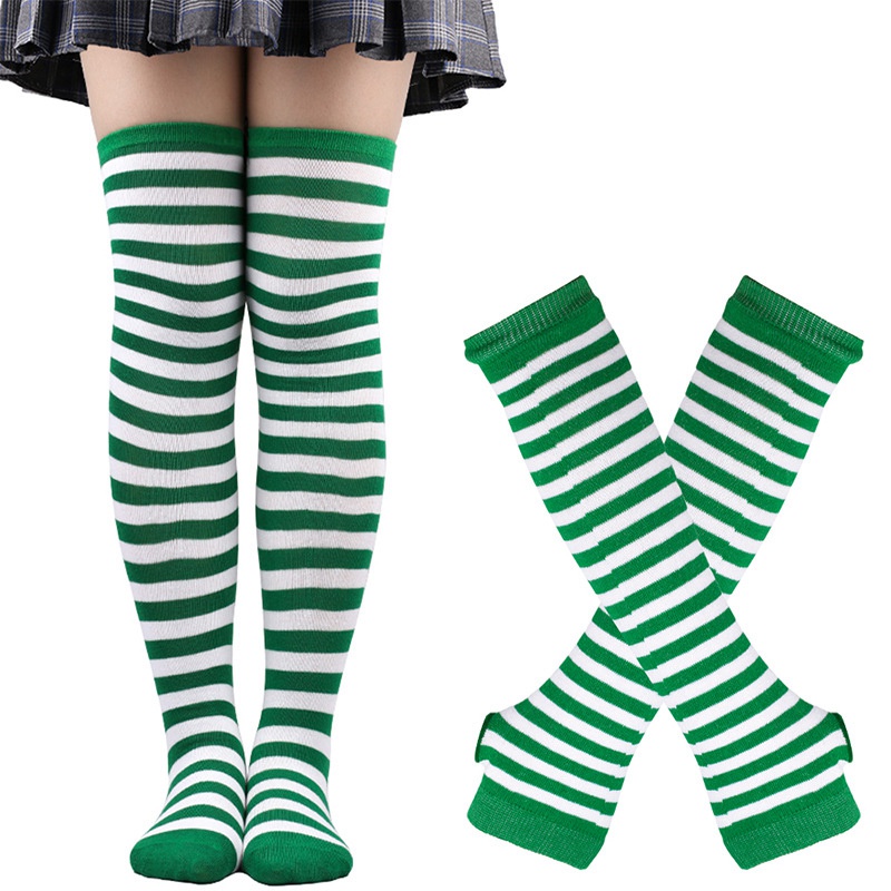 1 Set Women Gothic Punk Over Knee Long Stripe Socks Arm Sleeve Gloves for Girl Thigh High Cotton Socks Sweet Cute Christmas: green