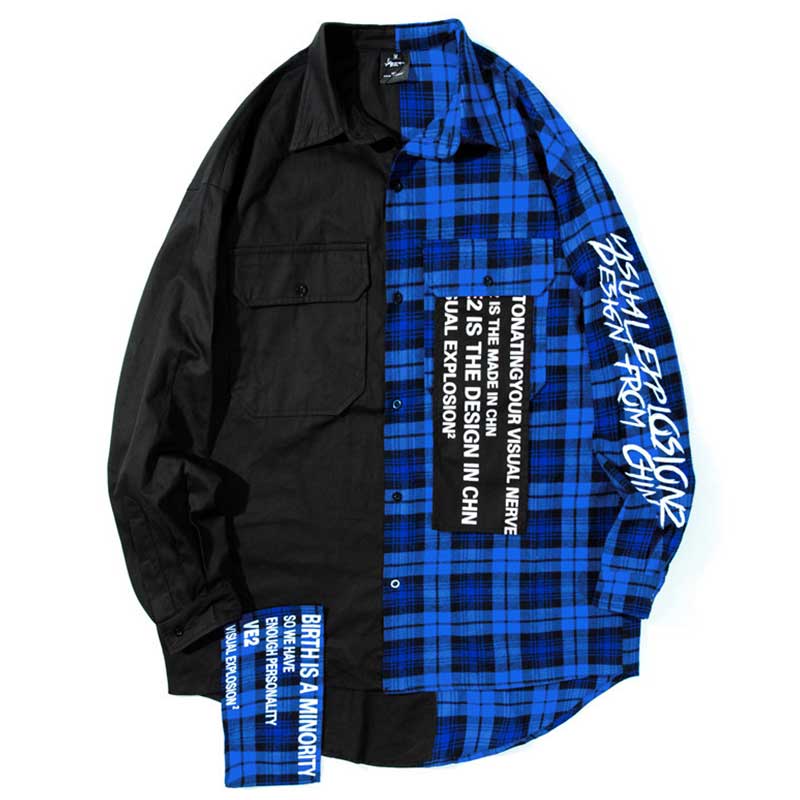 2020aw efterår harajuku japansk skjorte patchwork plaid mænd/kvinder streetwear print afslappet langærmede oversize skjorter herre toppe: Blå / S