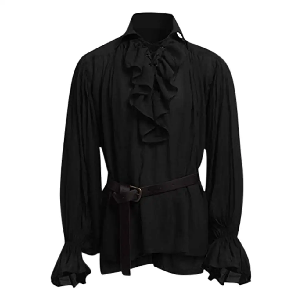 Chemises médiévales à volants gothique Steampunk victorien Pirate Cosplay Costume hommes hauts pantalons à lacets chemise Larp Vintage: M / Black