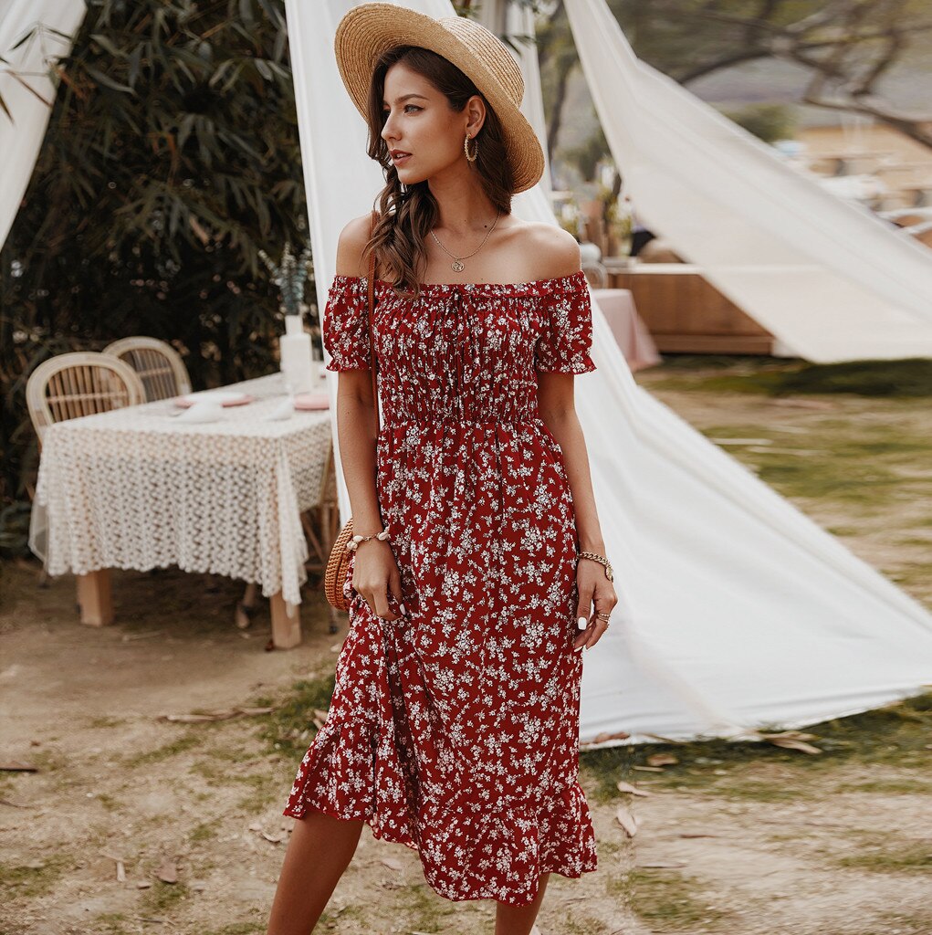 Women Dress Boho Floral Print Off Shoulder Ruffled Short Sleeve Sundress Summer Female Beach Dress Party Vestidos M140#