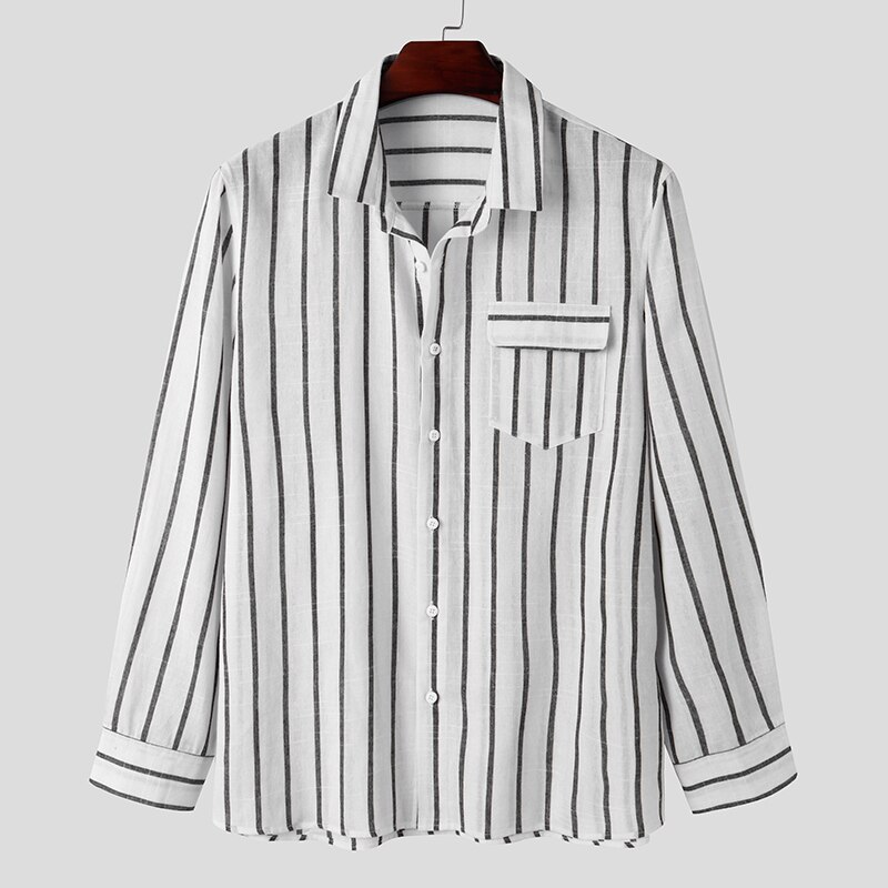 Män casual randig skjorta kavajknapp fritid harajuku blus höst långärmad streetwear märke camisas incerun: Vit / 4xl