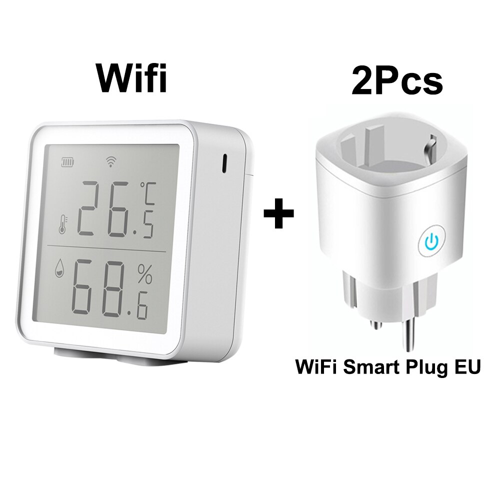 Support Google Home/Alexa Tuya WIFI Temperature And Humidity Sensor With LCD Display Tuya/Smartlife Wireless EU 16A Plug: Sensorx1 Plugx2