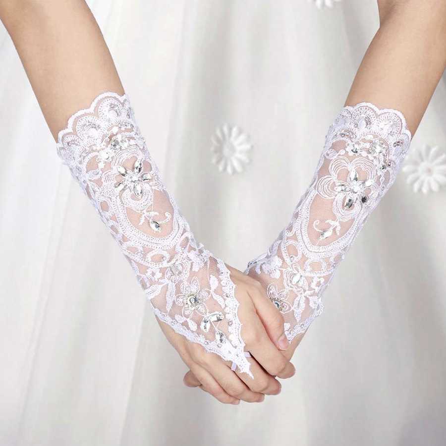Vintage syle elfenben hvid blonder brud brude sexede fingerløse handsker bryllup tilbehør