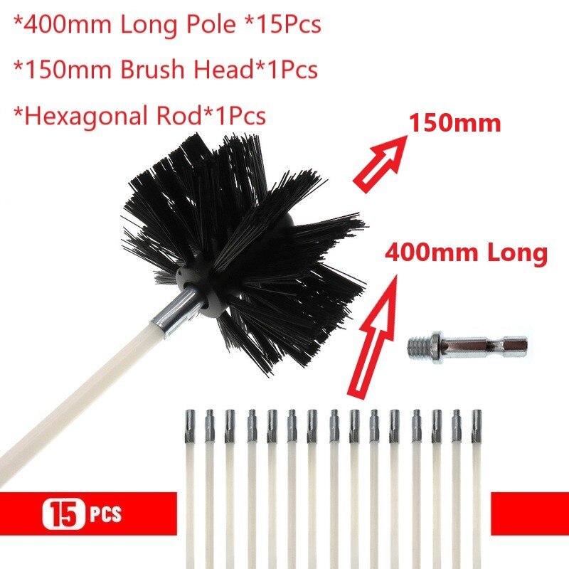 150mm Rotary Chimney Brush Long Handle Flexible Rod For Chimney, Dryer Pipe，Fireplace Inner Wall And Roof Cleaning Tools: 15Pcs 400mm Pole