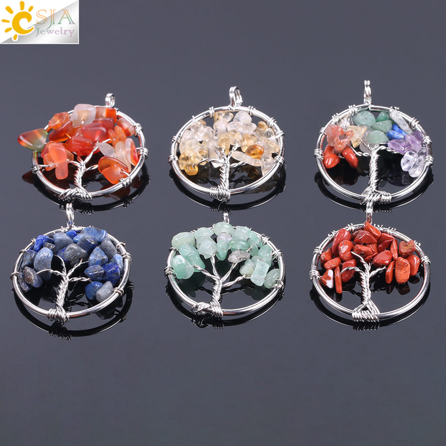 CSJA Tree of Life Necklace &amp; Pendant Silver Color Crystal Natural Gem Stone Chip Beads 7 Chakra Wire Wrapped Women Jewelry F141