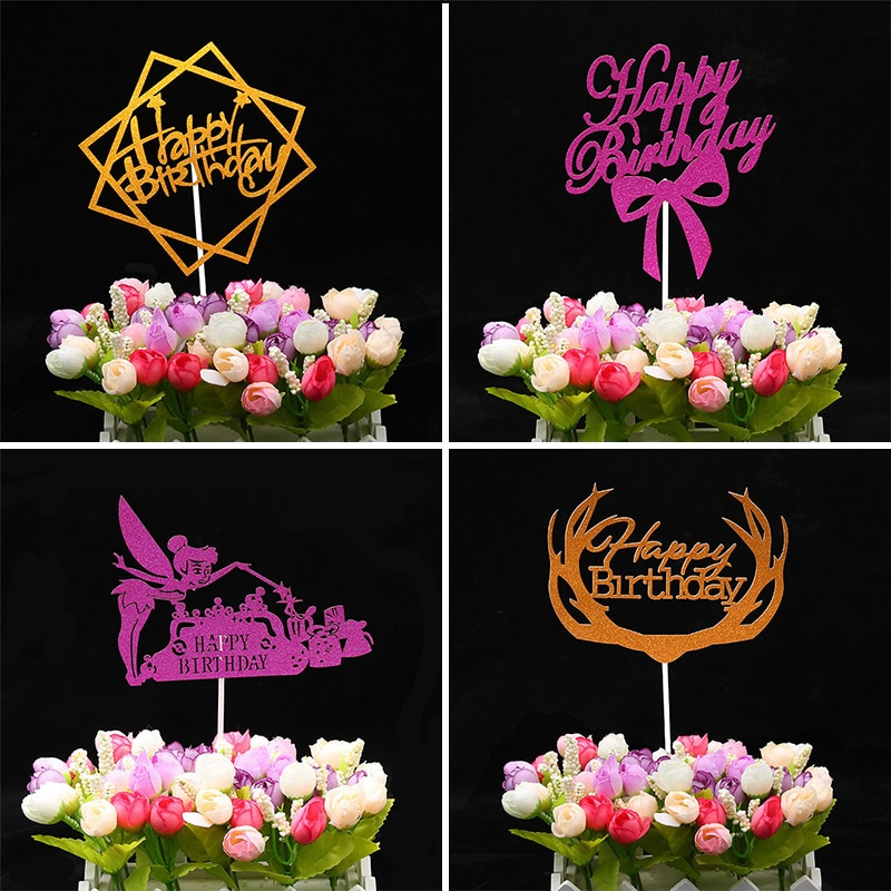 diversa brillante Feliz cumpleaños 1 pieza acrílico dorado plateado Flash Cake Topper Insertar tarjeta para pastel decoración para de cumpleaños