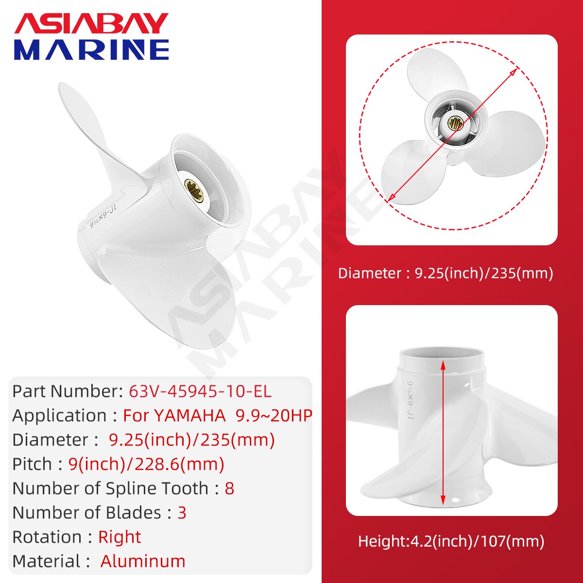 Hélice de moteur hors bord 6E0 45943 01 00 3X7 1/2X7 BA Hélice marine 6E0 45943 01 EL pour moteur de bateau Yamaha 4HP 5HP 6HP