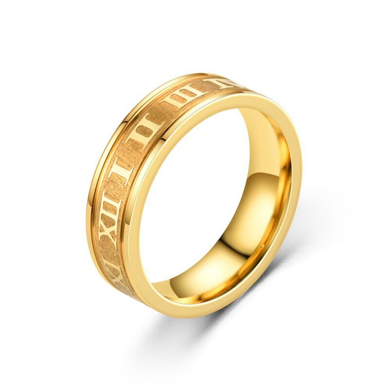 Classic Roman Numeral Men Rings Temperament Width 6MM Stainless Steel Finger Rings For Men Jewelry: size 8 / gold