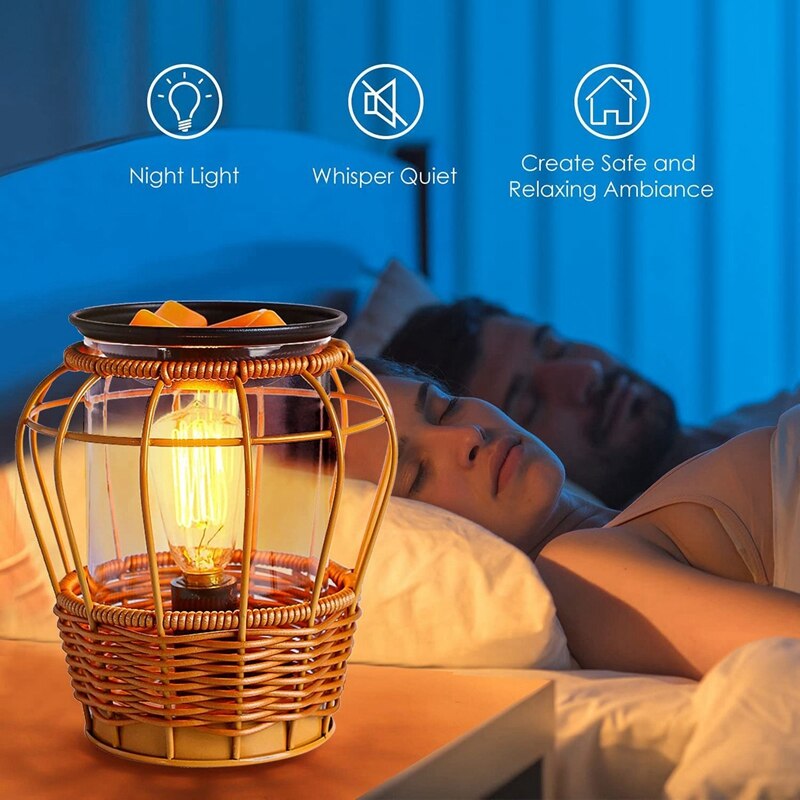 Rattan Glass Woven Wax Burner Fresh Air, Bamboo Rattan Aroma Diffuser Light Night Light Rattan Light US Plug