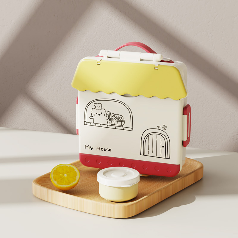 Uroczy plastikowy pojemnik na obiad z przegródkami, kreskówkowy pojemnik na jedzenie z pokrywkami, przenośny lunchbox bento dla uczniów i pracowników biurowych.: Jasnoszary