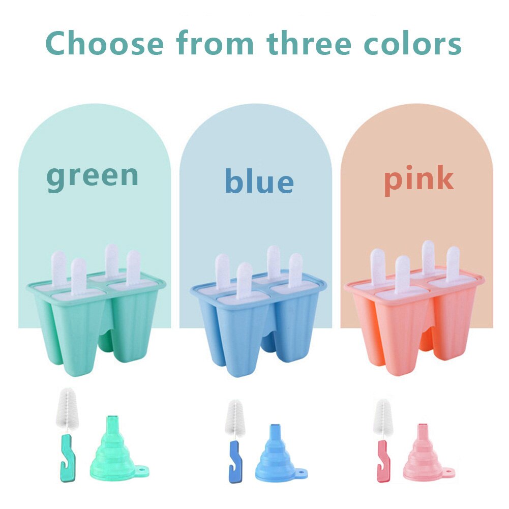 Molde de silicona reutilizable para hacer helados para niños, 4 cavidades, herramientas de bricolaje con embudo y cepillo de limpieza, barra, 3 uds.