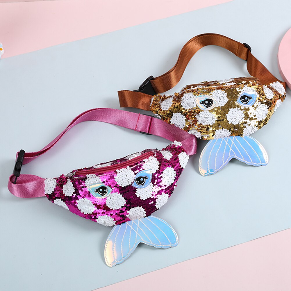 Sequin Waist Bag Women Fanny Zipper Semicircle Fish Tail Big Eyes Printing Splicing Kid Chest Crossbody Pack