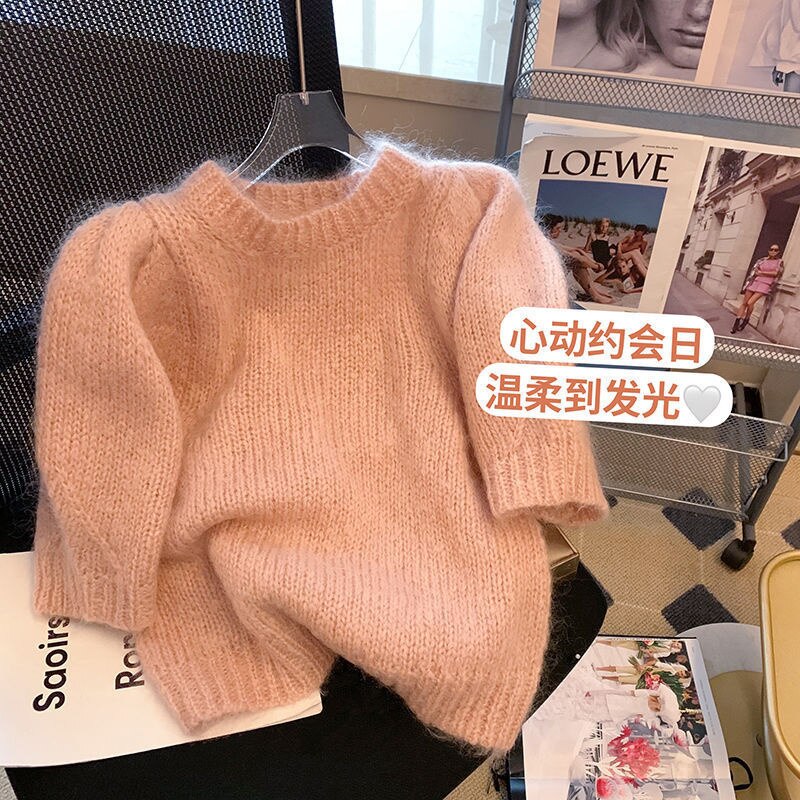 OMCHION-suéter corto de manga abombada verde para mujer, ropa de punto de cintura alta, ajustado, coreano, interior, primavera 2022: Pink