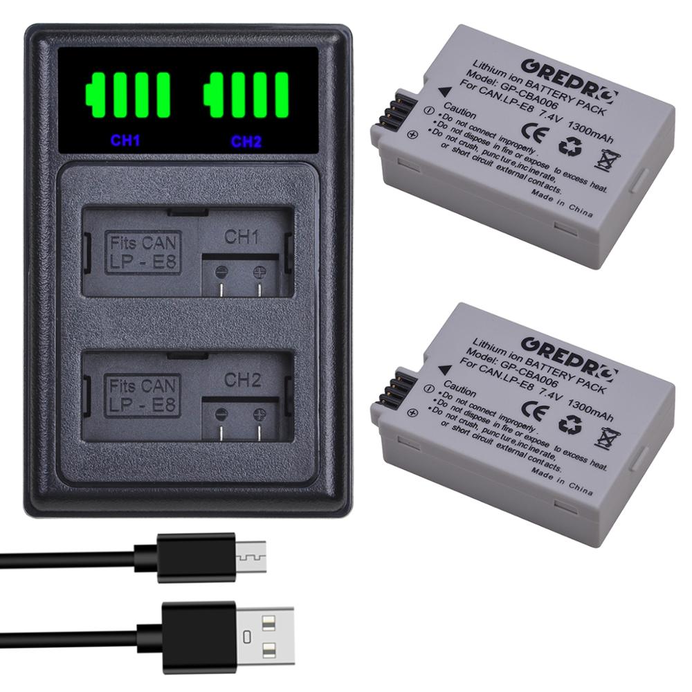 2Pcs LP-E8 LPE8 LP E8 Camera Battery + LED Dual Charger with type-C port for Canon EOS 550D 600D 650D 700D X4 X5 X6i X7i T2i T3i: 2B with Charger