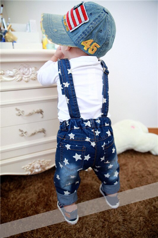 Macacão jeans para meninos e meninas, roupa infantil com bolsos estampados de estrelas, macacão jeans para garotos, calça de brim para primavera/outono, 2017