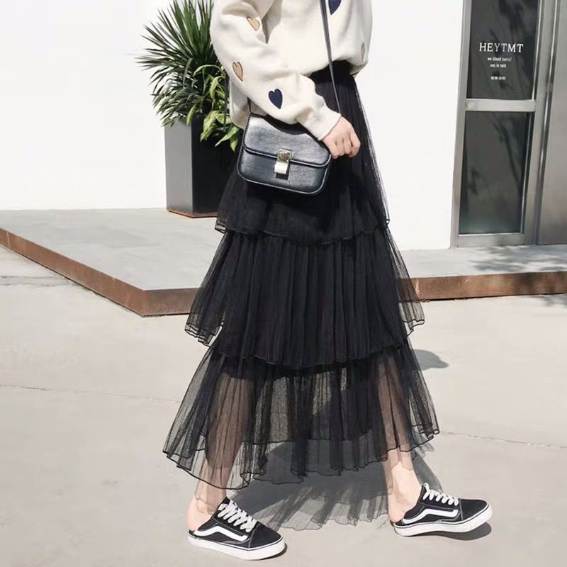 frühjahr und sommer neue kuchen rock plissee rock gaze rock rock frauen lange abschnitt fee net garn rock lange rock: Black / XL