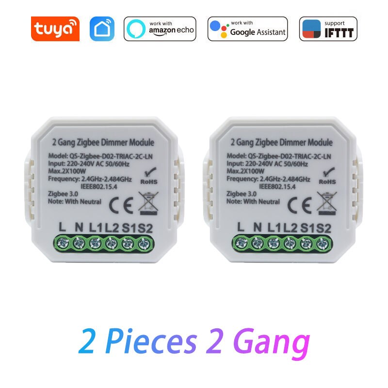 Tuya Zigbee 3.0 Smart Wireless Dimmer Switch Module 1 Gang/2 Gang Remote Control Works With Alexa Google Home Smart Home: 2 Pieces 2 Gang
