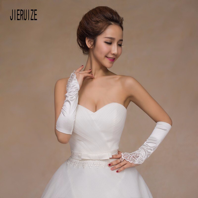 JIERUIZE Fall Fingerless Pearls White Ivory Bridal Gloves Lace Satin Bridal Accessories for Wedding Dresses