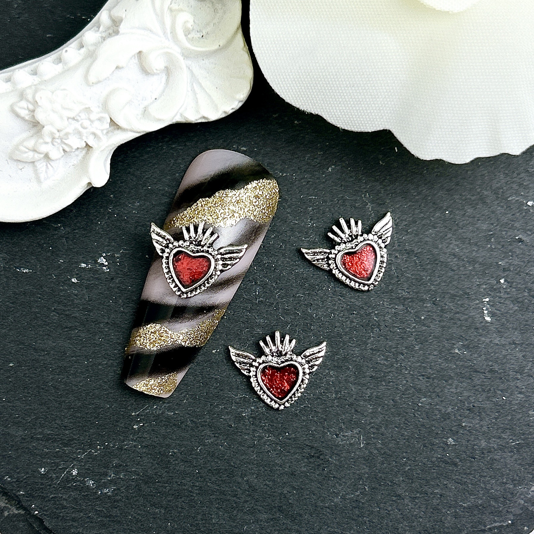 Nuevos dijes de aleación Retro para uñas con forma de corazón, Cruz de Metal 3D, calavera, prensa francesa, accesorios de decoración para uñas, manualidades DIY Y2K: Naranja