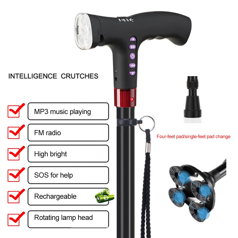 Elderly Adjustable L-ED Walking Cane FM Radio MP3 Smart Safety Fall Alarm Walking Stick Trusty Sticks for the Elder Fathers