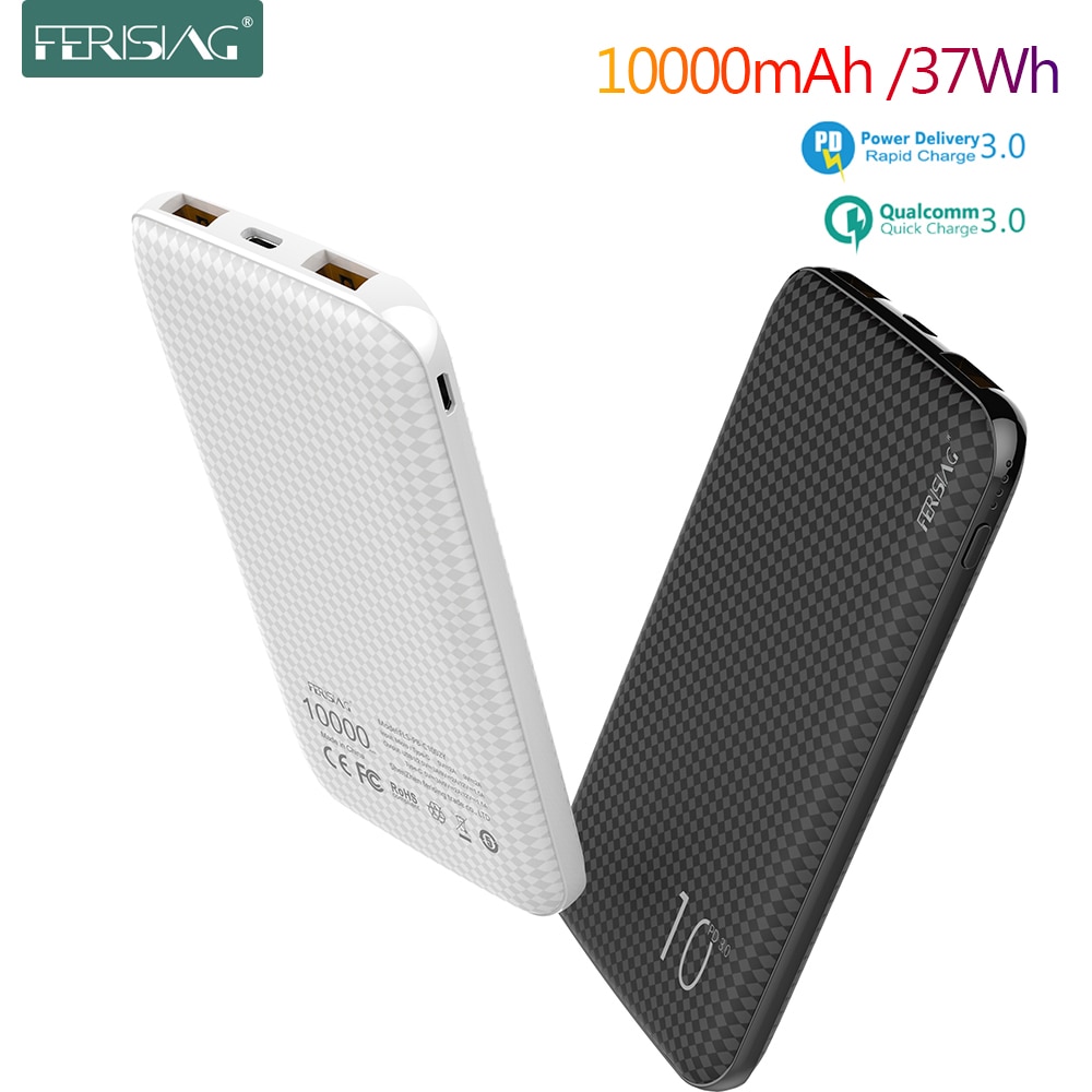 Powerbank pd com duas entradas usb + tipo c, carregador portátil para bateria externa qc 10000 4.0 mah para xiaomi