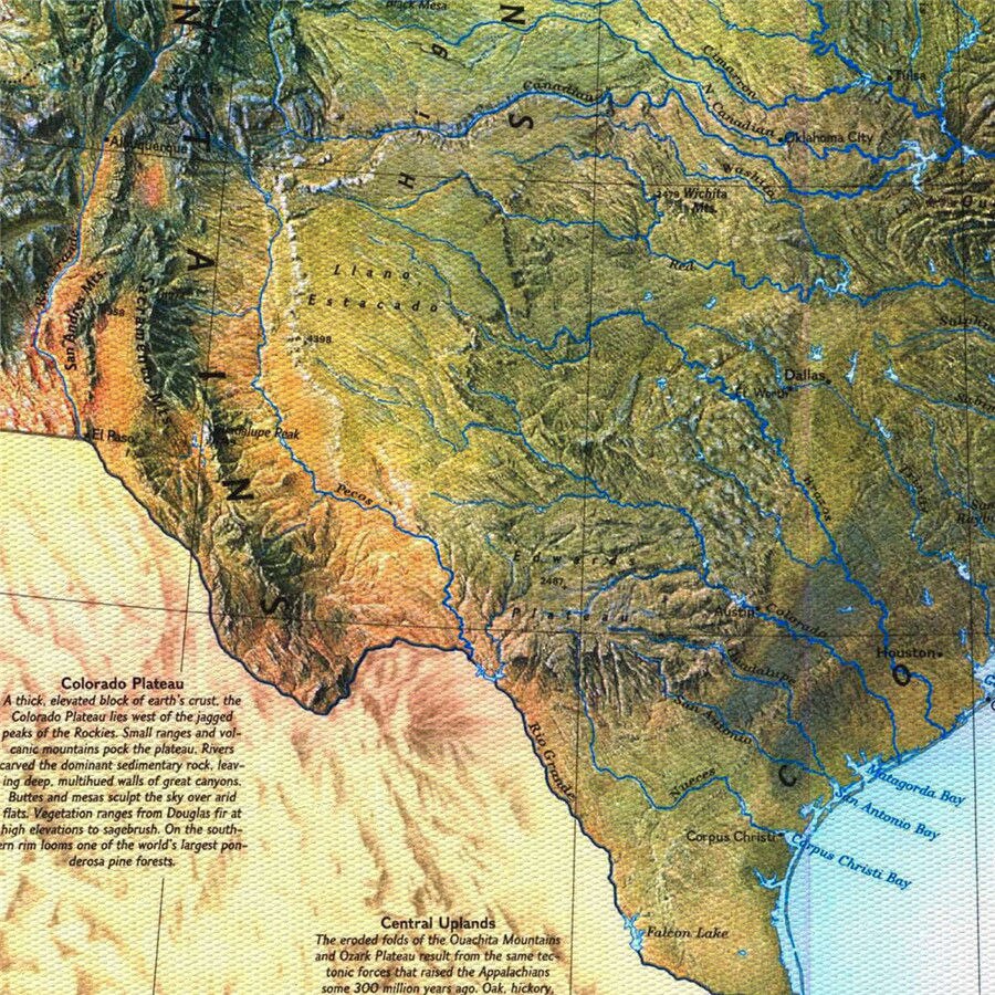 USA Map The Physical Landscape Realistic Geographical Lines Canvas Print Wall Sticker Bar Cafe Living Room Home Decor