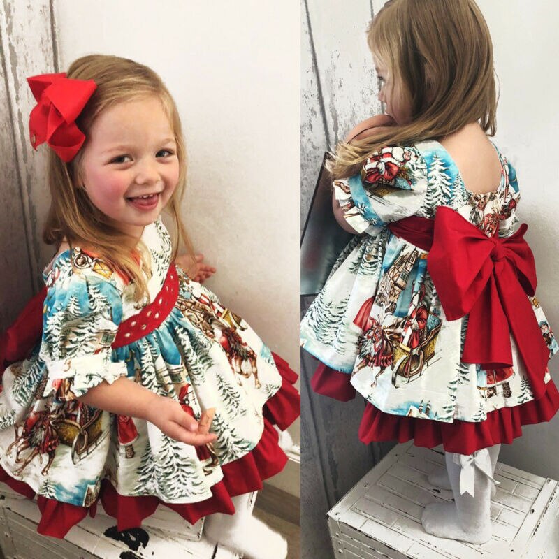 Kerst prinses jurk schattige peuter meisje jurk cartoon gedrukt strikje riem verstoorde tutu zoete baby verjaardag jurk